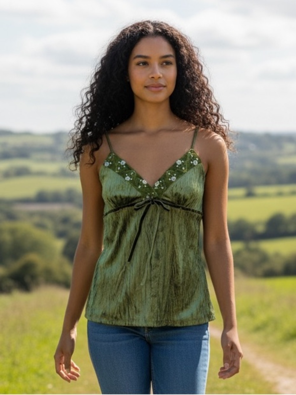 Authentic Y2K Vintage Crushed Velvet Green Top With Sequins